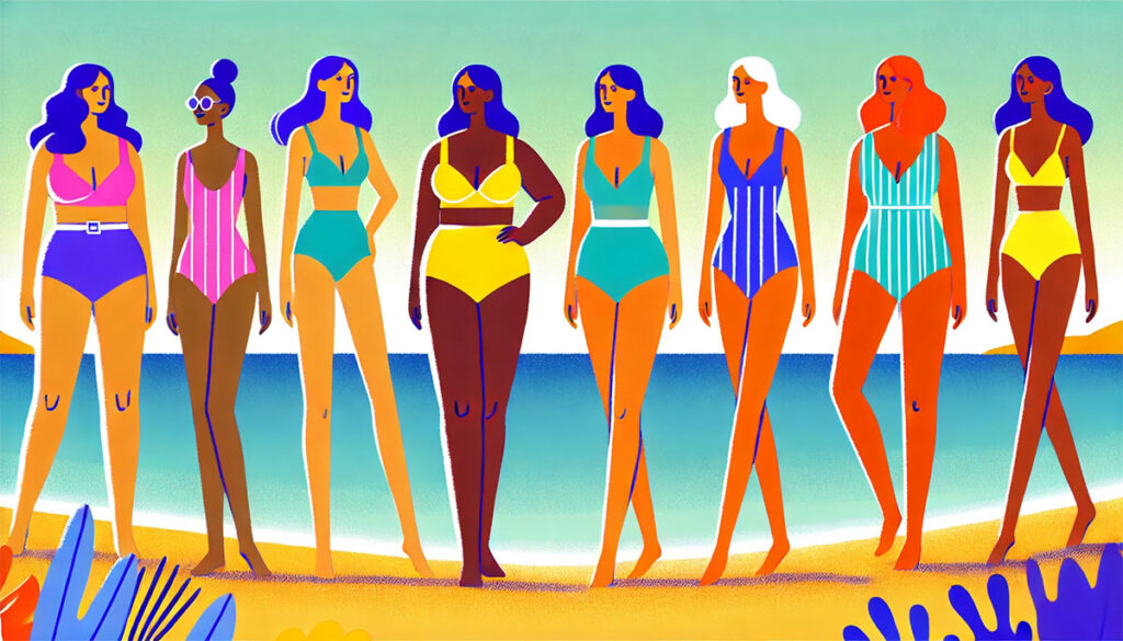 Group of women with different body types (hourglass, apple, pear, athletic) confidently posing on a sunny beach, each wearing a flattering swimsuit. The background features clear blue skies and tropical water, promoting body positivity and the joy of summer.